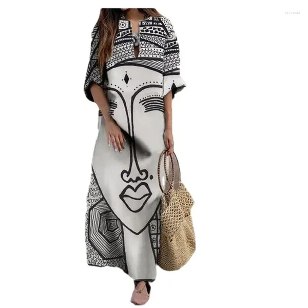 Abiti casual Fashion Vintage Abstracs Abstract Painting Dress Absine Assetto a V-Neck Medive High Wons Women Elegant Female sciolta