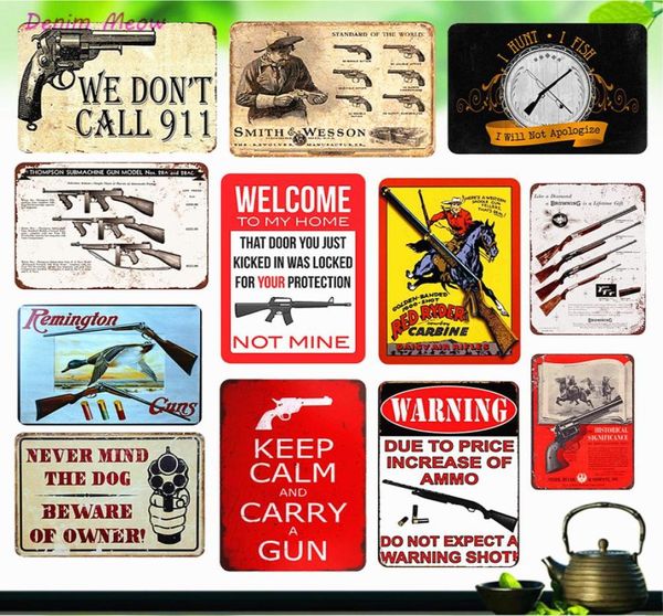 Placa de aviso de armas vintage Cuidado com o proprietário Metal Tin Sinais