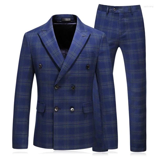 Herrenanzüge 2024-Boutique (Blazer Pants) Mode Business Gentleman Casual Plaid Double Breasted British Style Drei-teiliger Anzug