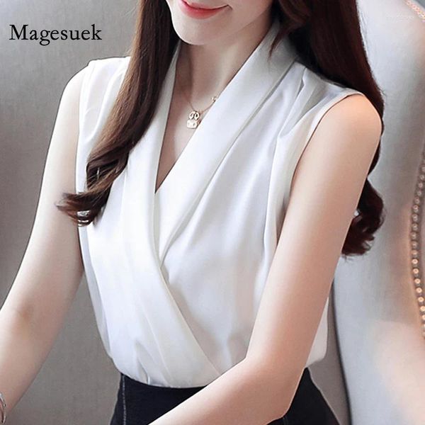 Женские блузки элегантный рукавочный шифоновый шифоновый шелк Silk Satin Tops Tops Women Fashion Korean Office White Blouse Blusas 3534