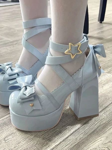 Doce vintage mary janes sapatos feminino estrela fivela lolita kawaii sapatos de plataforma feminina nó de arco fofo sapatos de grife, verão 240418