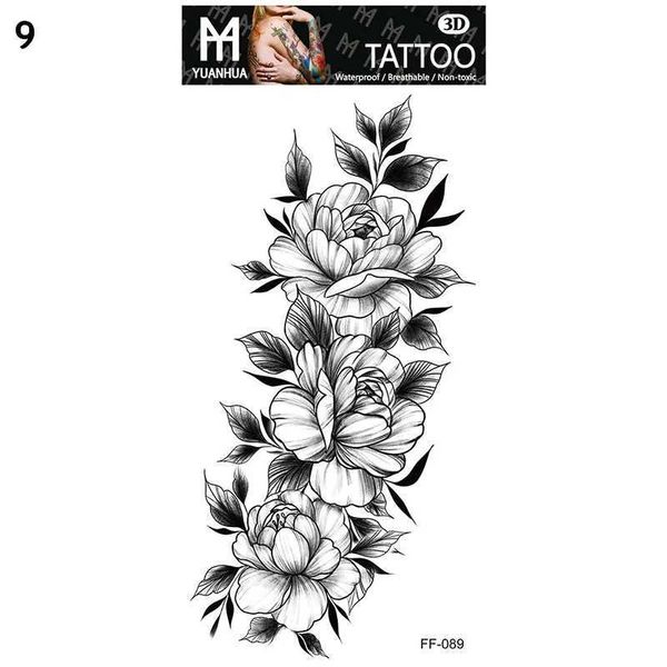 C9LC Tattoo Transfer Schwarz Blumenskizze Rose Tattoos wasserdicht lang anhaltende temporäre Tattoos Aufkleber Schönheit Arm Beine Body Art Tattoo Aufkleber 240427