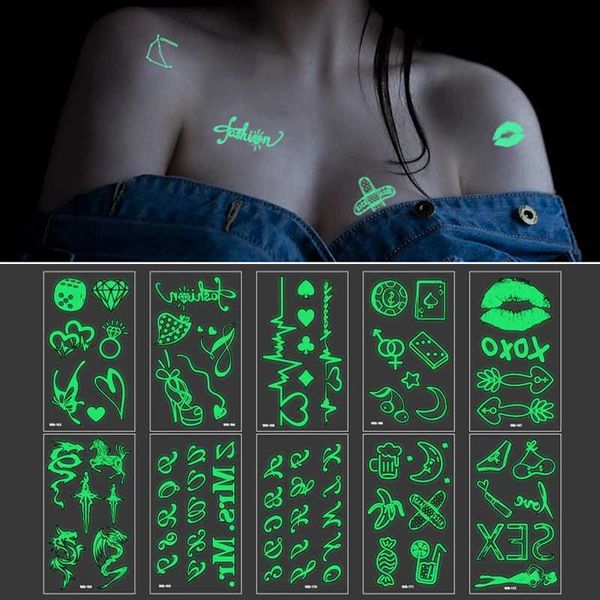 Tattoo Transfer Luminous Glow Tattoo Aufkleber wasserdichte temporäre tatoo kleine Finger Handgelenk gefälschte Tatto für Körperkunstparty Hollowen Frauen Männer yzl 240427