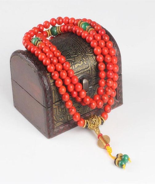 Sennier 108 Bracciale di corallo rosso perle di pietra naturale Mala Collana preghiera buddista PREGHIERA ROSARI Rosario Braceletti Buddha Meditazione Y2001074326375