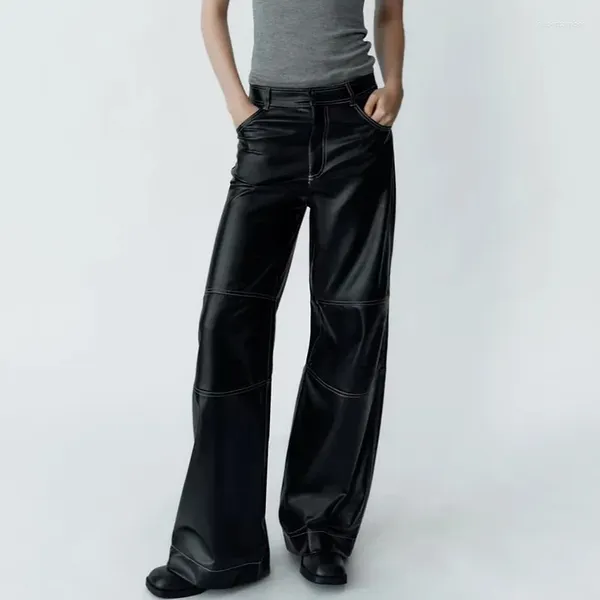 Женские брюки Женская кожаная кожа 2024 Осень женщина с высокой талией винтажные повседневные прямые брюки для ног для Moto Girl Pnats