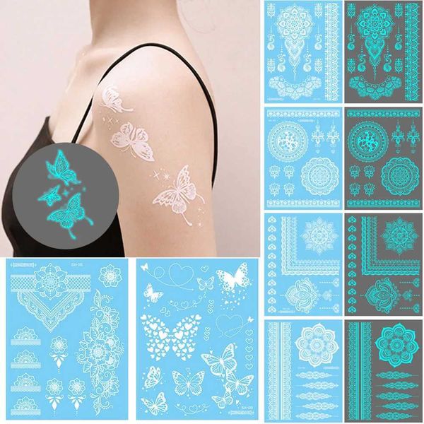 Tatuagem Transferência de tatuagem 1pc Blue luminous Tattoo Stickers Padrão de arte de festa à prova d'água Tatuagem temporária de face corporal Arte Baú de tatuagens falsas 240426