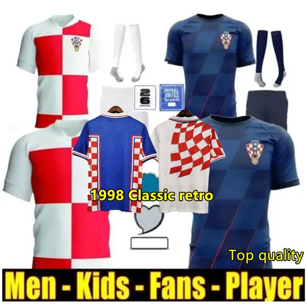 2024 2025 Euro Kupa Yeni Hırvatistan Futbol Jersey 1998 Hırvat Klasik Retro Futbol Milli Takım Erkek Çocuk Kiti Set Eve Beyaz Uzak Mavi Erkekler Üniforma Modric Kovacic