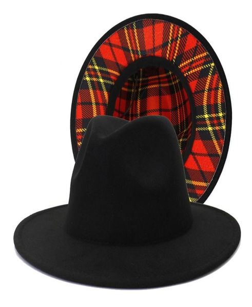 Plaid Black and Red Plaid Patchwork Wool Felt Jazz Fedora Chapéus para homens homens largo Brim Two Tone Party Wedding Formal Hat Cap8277156