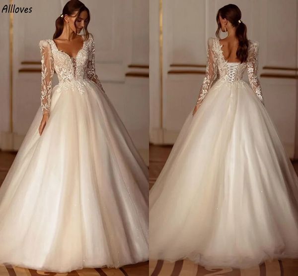 Vintage v Boyun Romantik Tül Uzun kollu bir çizgi gelinlik bohem dantel aplike vestidos de novia sırt süpürme treni gelin önlükleri artı cl3528