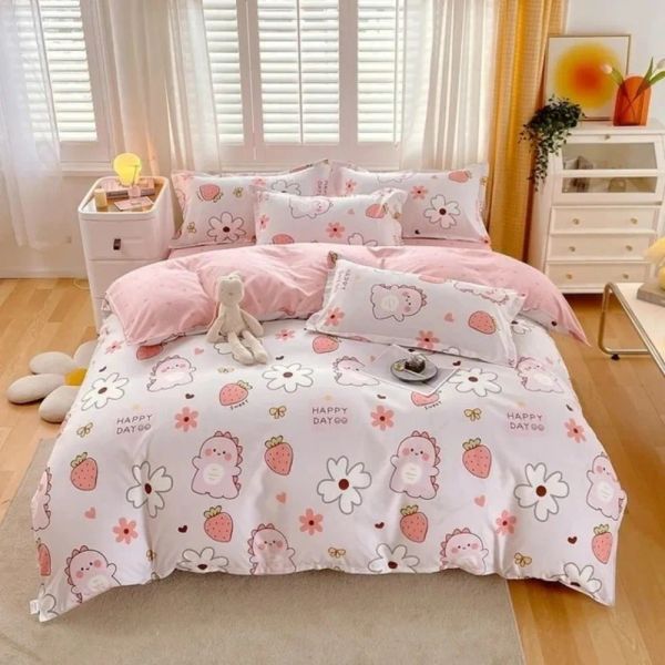 Sets Strawberry Pink Doppelseitige Tröster -Bettwäsche Set Queen Full Single Twin Size Bett Leinen Bettdecke Love Heart Sheet Kissenbezug