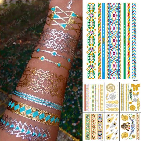 Tatuagem Transferência de tatuagem Impermeável Tattoo Tattoo Adesivo Metal Gold Prata Azul Mandala Bracelete Jóias Flash Tatto Mulheres Henna Arte Fake Tatoo 240427