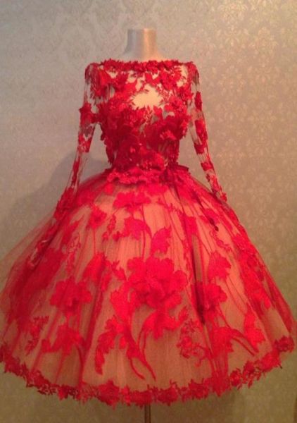 Красное мяч платье короткие свадебные платья формальные с аппликацией чая длиной с длинным рукавам