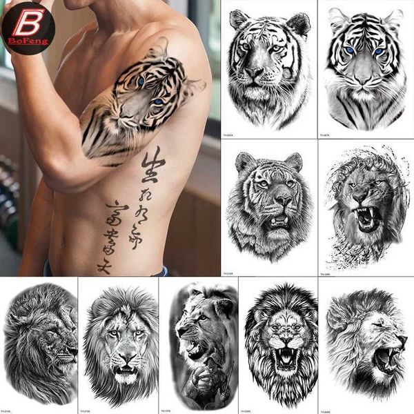 Tatuagem Transferência de tatuagem Impermeável Manga de braço temporário Tattoo tatre legal Tigre Lion Animal Tattoo adesivos Arte corporal para homens Tattoos de personalidade falsa Novo 240427