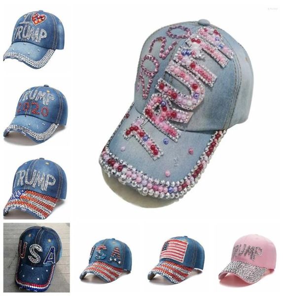 Ball Caps Donald Trump Denim Baseball Cap Outdoor I Love 2024 Rhinestone Hat Sports Striped Flag Snapback LJJA50044805904
