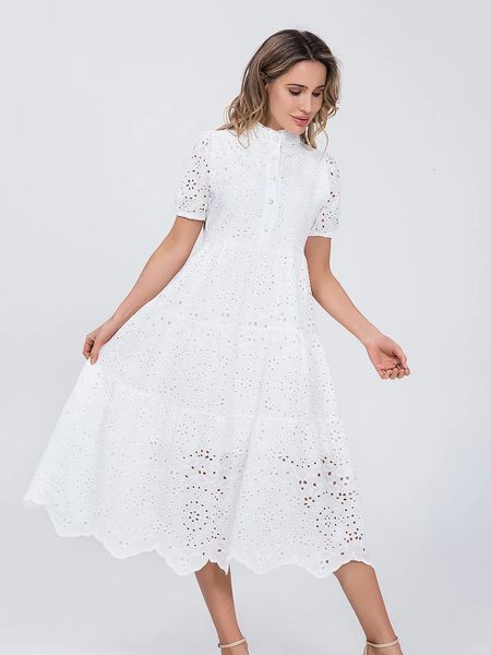 Marwin Cotton Hollow Out Yaz Beyaz Elbise Kadın Tatil Perppy rahat yüksek bel fırfırlı mini elbiseler a-line fırfırlar vestido 240418