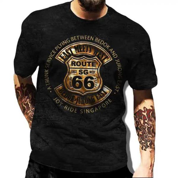 Erkek Tişörtler ABD Route 66 Baskı Yeni Erkek Retro T-Shirt Avrupa Boyutu Hip-Hop Üst T-Shirt Erkek Büyük Boy T-Shirt Günlük Günlük Giyim J240426