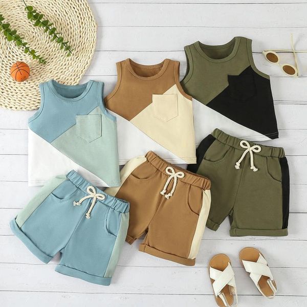 Kleidungsstücke Baby Jungen Sommer Set Runde Hals ärmellose Tanktops Elastische Taillen Shorts Säugling Kleinkindkontrast Farbe 2 Stück Outfits