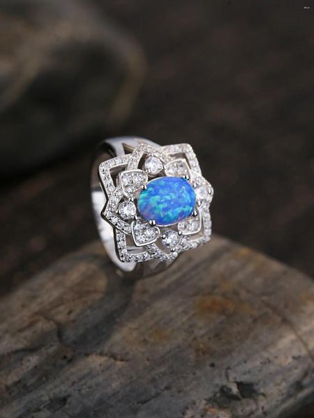 Anelli di cluster anello di pattern personalizzato Pure 925 Silver con uovo opale blu e zircone decorano le donne versatili di moda versatile