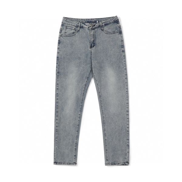 Blu a blu a vita ad alta leva dritta maschile designer per il tempo libero jeans molla e marca di moda autunnale etichetta in pelle di metallo slim fit pantaloni