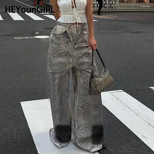 Jeans femininos Heyoungirl Grunge 90 Mulheres Baggy Vintage Street Roupfits Logo Fit Fit elegante calça jeans Tie Dye Print Lady Roupos de outono