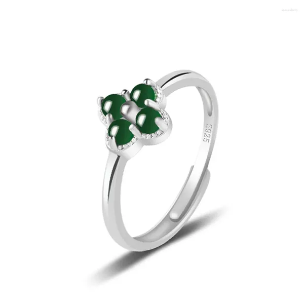 Ringos de cluster 925 prata verde natural jadeite bola miçangas flores anel de sorte S925 Certificado ajustável Jóias vintage de luxo de luxo de luxo