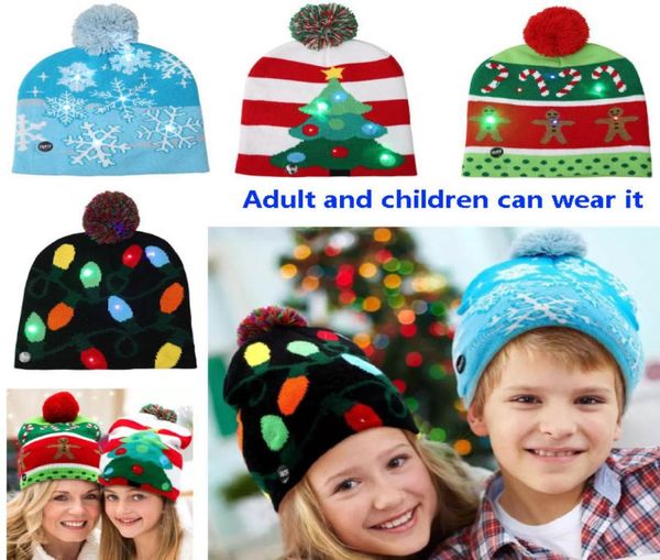 2020 LED Christmas Knited Beanies Bap for Snowman Snowflake Tree Christmas Women Hair Hair Ball Light Up Hiphop Hats 4 Color HH78402541