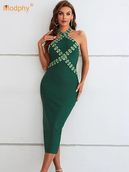 Vestidos casuais Modphy Mulheres Sexy Halter Backless Luxury Diamonds Green Green Bodycon Bandage Dress 2024 Elegant Club Party