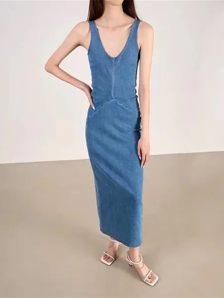 Vestidos casuais vestido de tanque de jeans azul feminino sem mangas com zíper de algodão vintage 2024 Vestes midi femininas de verão