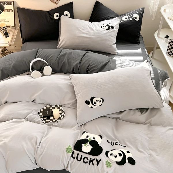 set graziosi panda da letto in cotone set kawaii ricamato da coperchio piumino fogli da letto piatto/lettino a letti da letto cuscino per bambini per bambini