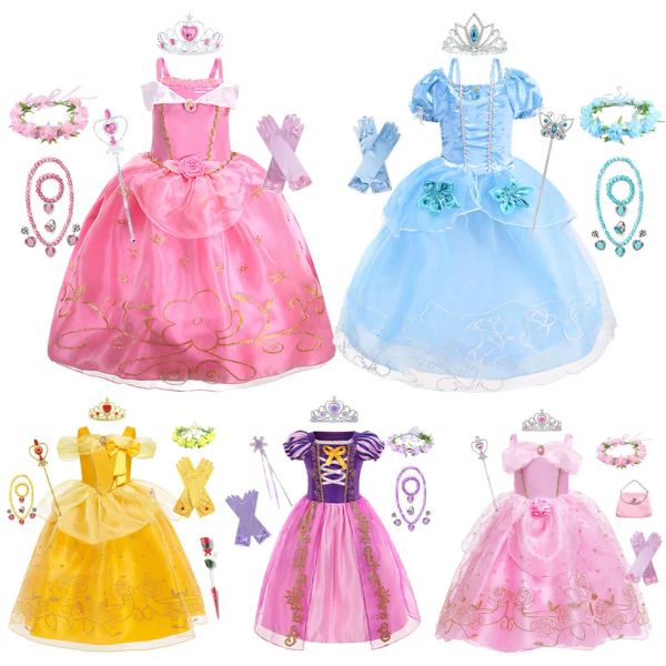 Фотография детская принцесса платье девочка летняя модная одежда для вечеринки дети Рапунцель Золушка Белл Спящая красавица Рождественская карнавальная костюм
