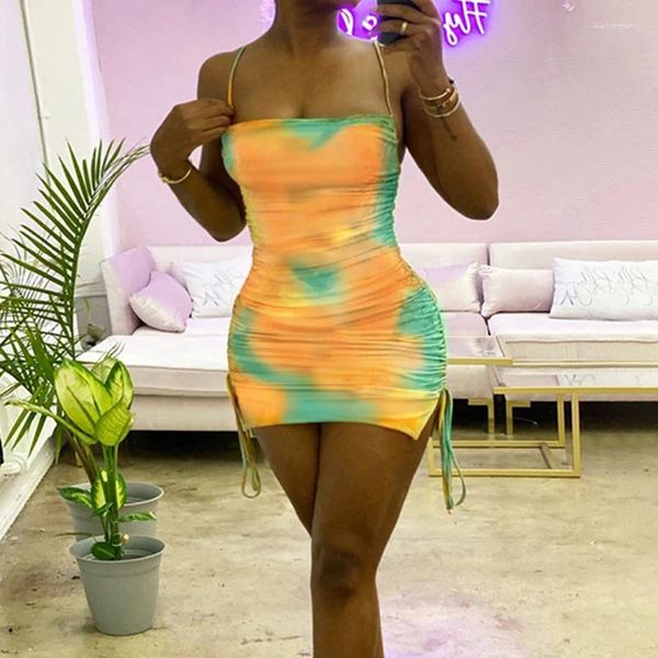 Vestidos casuais 2024 TIY Dye Ruched Bandage Sexy Mini Dress Summer Mulheres Moda de Streetwear Afits Clubwear