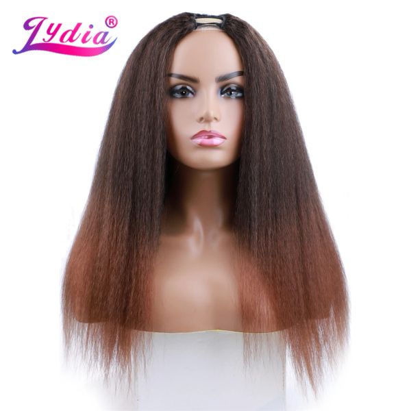 Peruk lydia afro kinky düz u parça karışık renk kahverengi kırmızı saç peruk ısıya dayanıklı sentetik 20 inç günlük peruklar kadınlar için