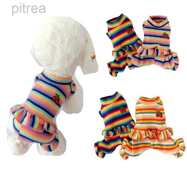 Hundekleidung Regenbogenstreifen Welpe Kleidung Kirschmuster Hund Hoodies Jumpsuit Prinzessin Pyjamas für kleine mittelgroße Hunde Yorkshire Pet Cat Pyjamas D240426