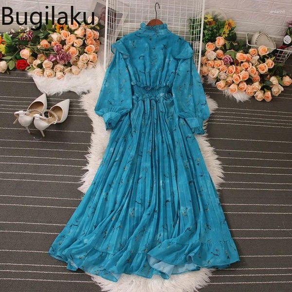 Повседневные платья Bugilaku Stand Wordtern Lantern Dress Press Women Flower Print Vintage Женская a-line Big Swing Элегантные Вестидос Мухер