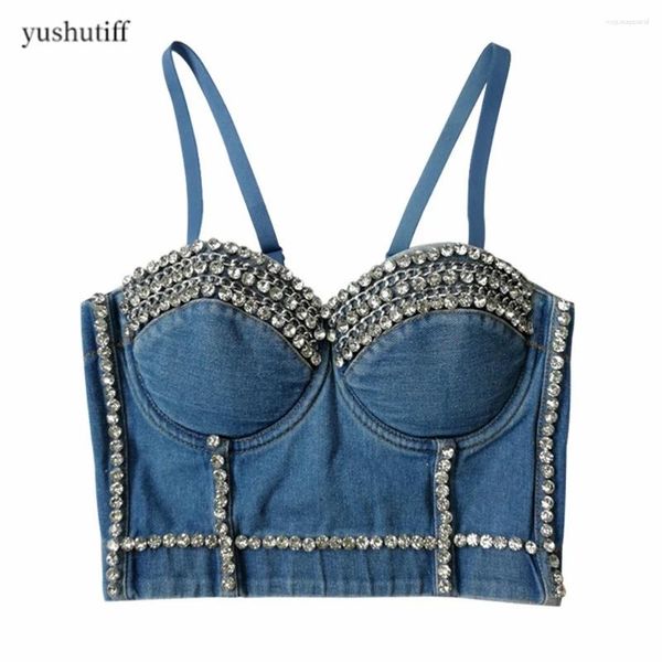 Frauen Tanks Crop Top Frauen Strasssteine Denim Korsett Weibliche Kumpel sexy Damen Westen Nachtclub Party Push Up BH