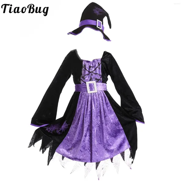 Vestidos de menina crianças meninas halloween bruxa cosplay figuran carnival fester performance manga longa vestido de bainha irregular com chapéu de cintura