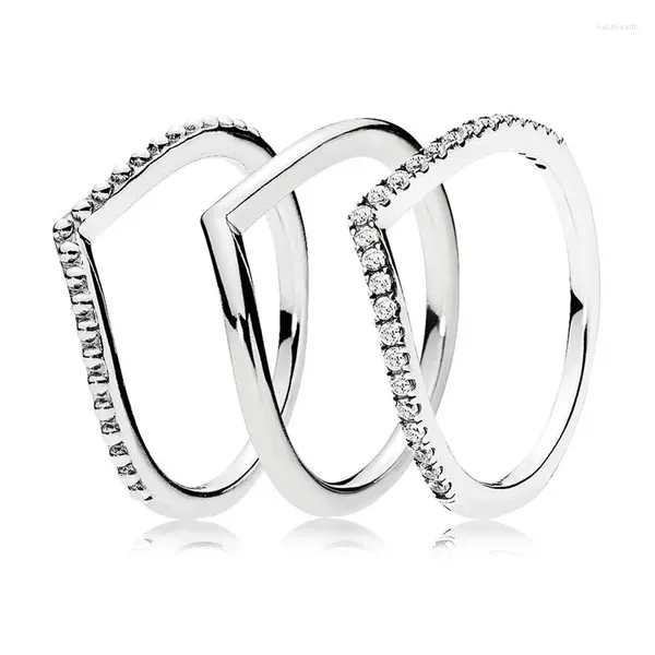 Yan taşlarla orijinal otantik 925 STERLING Silver Wish Bone Ring Stack Kadınlar İçin Yıldönümü Nişan Düğün Hediyesi Güzel Avrupa