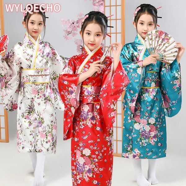 Roupas étnicas crianças meninas garotas vermelhas japonesas quimono bathrobe de banheira impressão Flor Performance Yukata com obitage traje de cosplay macio