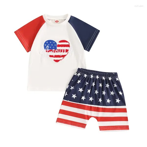 Kleidung Sets Baby Boys Girls Unabhängigkeitstag Outfit Herz Stickerei Kurzarm Tops Star Print Shorts Kleinkind Sommerset