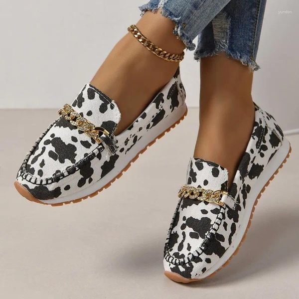 Sapatos casuais panos de tela de estampa de leopardo 2024 Cadeia de metal de outono Moda feminina deslizamento de borracha de borracha