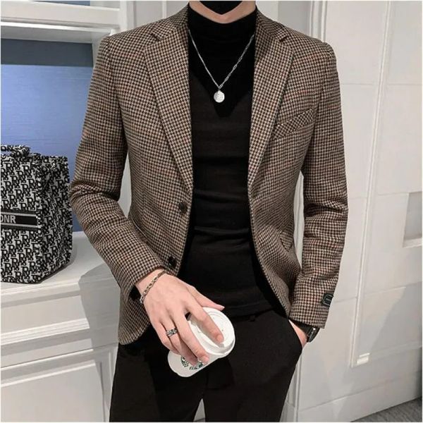 Jackets 2022 Design mais recente Men Wedding Blazers Fashion Houndstooth Slim Fit Suit Secon Men Men coreano Casual Business Social Dress Blazers