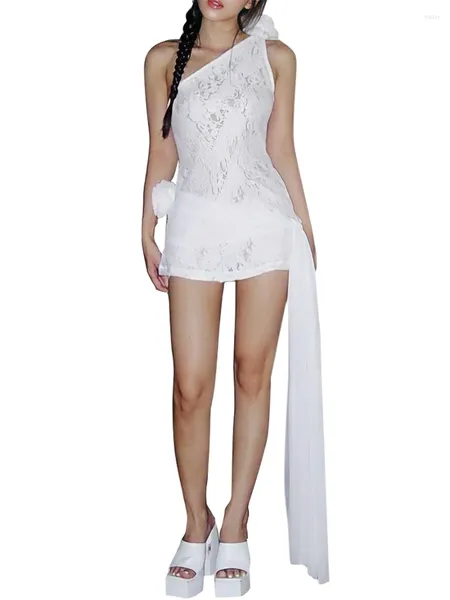 Vestidos casuais Siyova Mulher S Lace Dress White Short Bodycon saindo de um ombro sem mangas 3D Flor Tight Mini Sexy Party Party