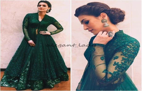 Hunter Green Formal Abites Abbigliamento da sera con maniche lunghe in pizzo in rilievo Kaftan Abaya Dubai Indian V Neck Prom Abito Kriti Sanon nel 5925814