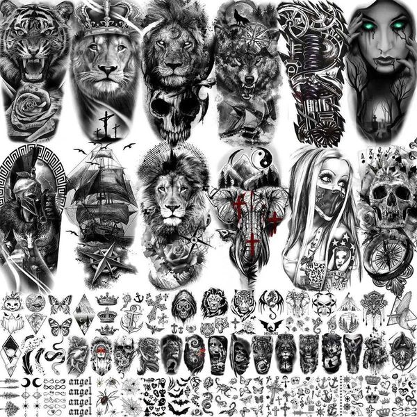 Trasferimento di tatuaggi 63 fogli di lenzuola tribali leone tigre tatuaggi temporanei per uomini donne braccio coscia falsa tatuaggio tatuaggio tatuaggio 3d cranio gangster tatoos nero 240426