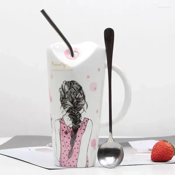 Kupalar büyük kapasiteli sevimli kız seramik kahve suyu fincan porselen süt kupası saman ve kapak ile yaratıcı ev çay fincanı doğum günü hediyesi