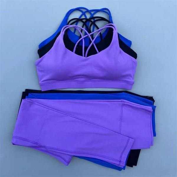 Damen-Trainingsanzüge Neue Fitnessstudio-Übungs-Set Frauen Yoga Set Übung Set 2-teilige Fitness-Set Taille Cross Belt BH Running Track Set 240424