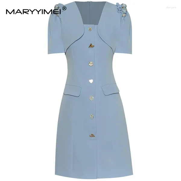 Abiti per feste Maryyimei Designer Designer Dresser Summer Women's Stand Collar Bulsini a maniche corte Slim Blue