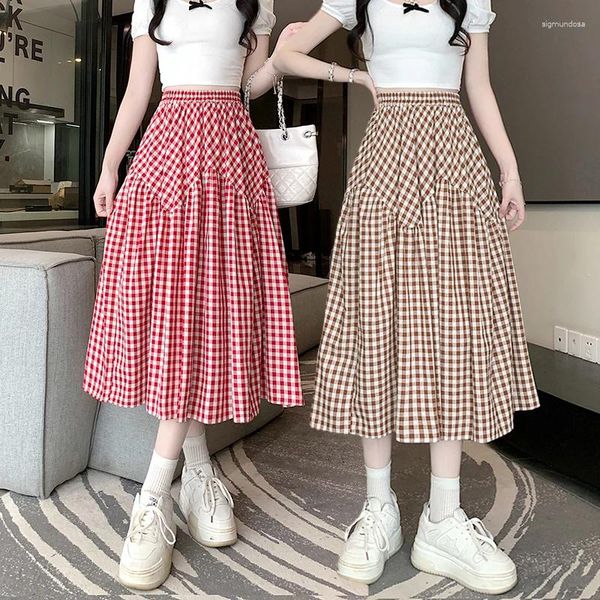 Saias vintage Slim feminina elástica da cintura alta mancha plissada Uma linha grande saia de bainha meninas de estilo Preppy Roupas de estilo