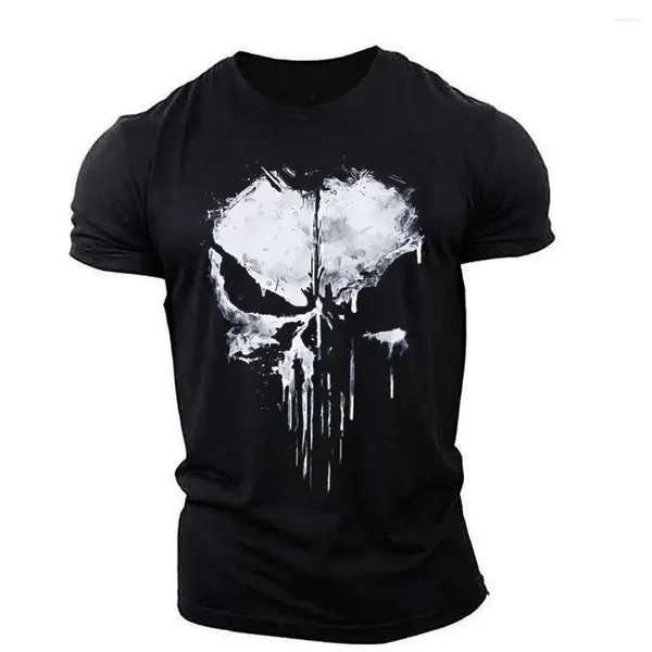 Ternos masculinos A1263 Harajuku Skull Print T-shirt Summer Muscle Sports Personalidade de manga curta Externo Stretch Rick Dry-Gerck Top