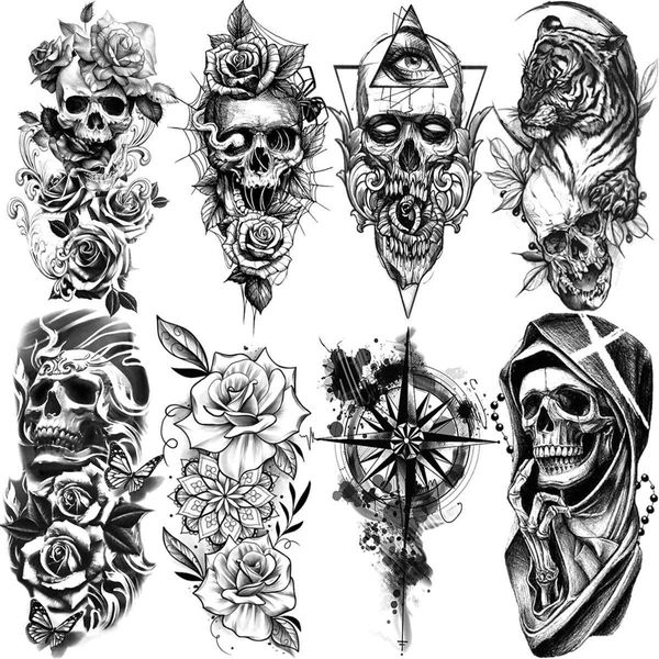 Transferência de tatuagem Skull 3D Skull Flower Tattoos temporários para homens Geometria Tigre Compass mandala tatuagem falsa Lavagem de arte lavável TATOO 240427